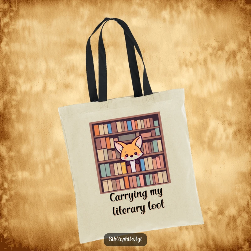 Funny Fox Tote Bag: A curious fox peeks from behind a bookshelf, ideal for carrying books and essentials with witty style.