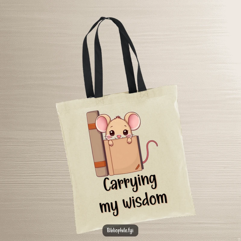 Funny kawaii mouse peeking from behind a large encyclopedia, printed on a durable and comical tote bag.