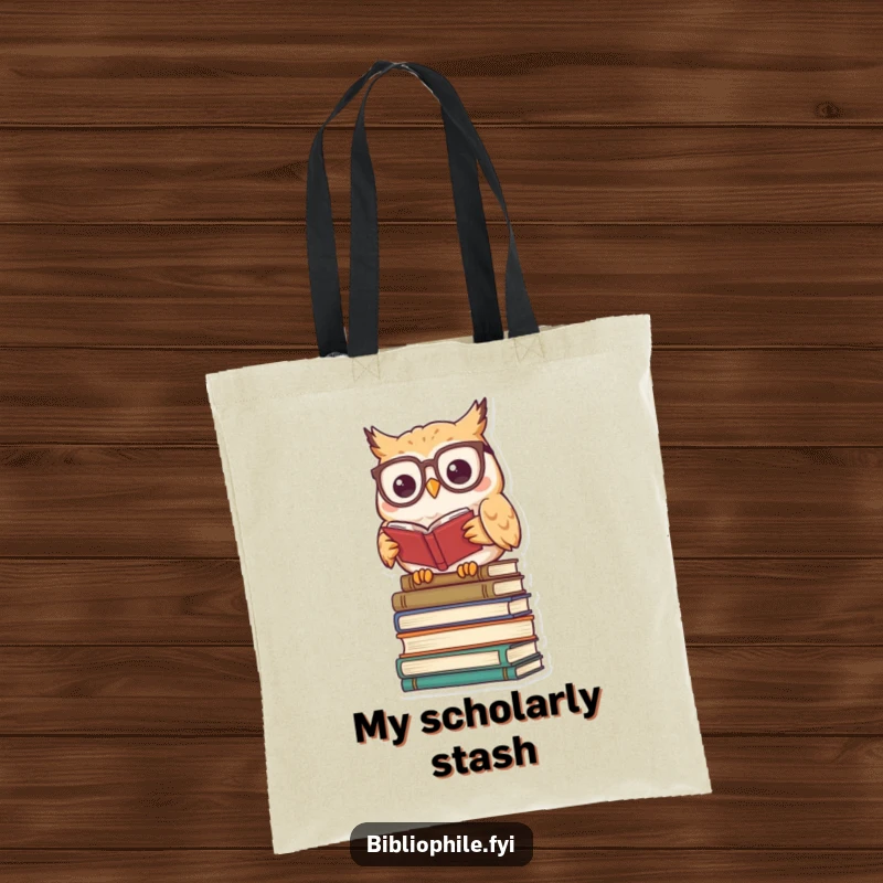 Funny kawaii owl character wearing reading glasses, perched on books, a humorous tote for knowledge seekers.
