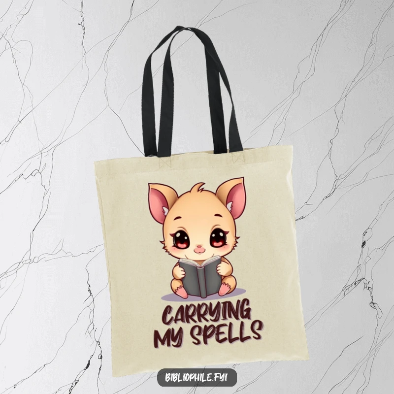A wide-eyed, tiny creature absorbed in a magical book, designed on a durable tote bag.
