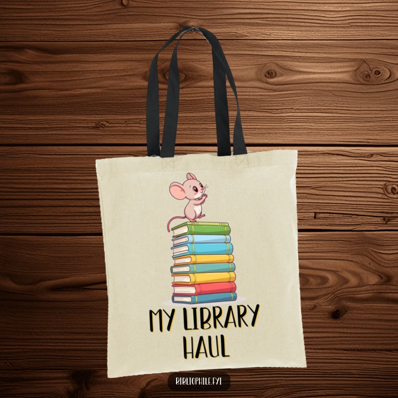 Funny tote bag featuring a determined mouse climbing a book stack, perfect for carrying books and motivational gear.
