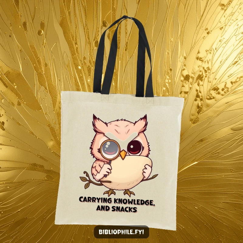 Funny owl monkler tote bag, featuring a monocled owl absorbed in a large book, stylish funny gift.