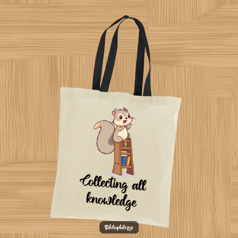 A funny, energetic squirrel climbing a bookshelf ladder, designed on a durable tote bag.