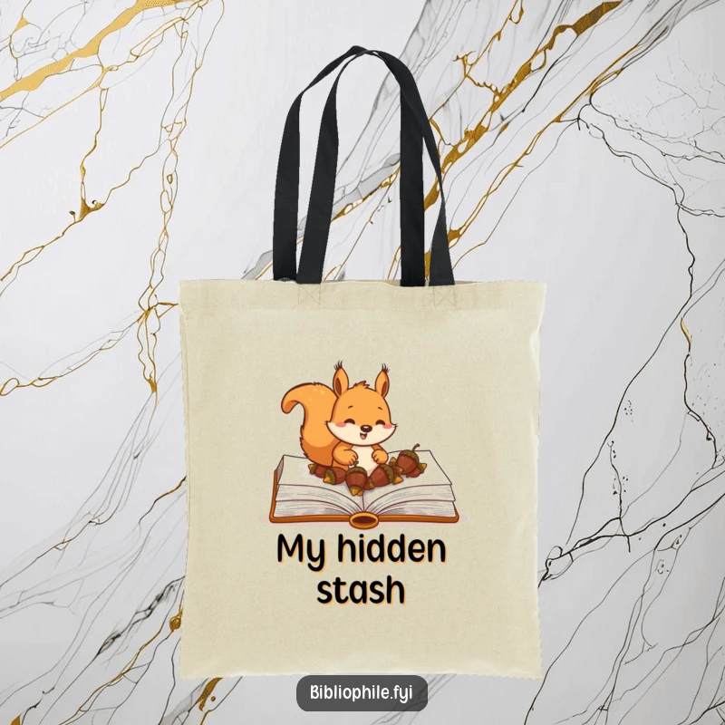 Funny Squirrel Tote Bag featuring a happy squirrel character burying acorns within the pages of a large hardcover book, great for groceries.