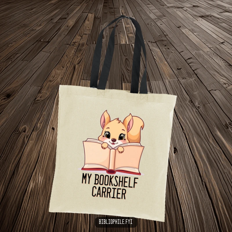 Funny squirrel peeking from behind a large open book on a sturdy tote bag, perfect for carrying books.