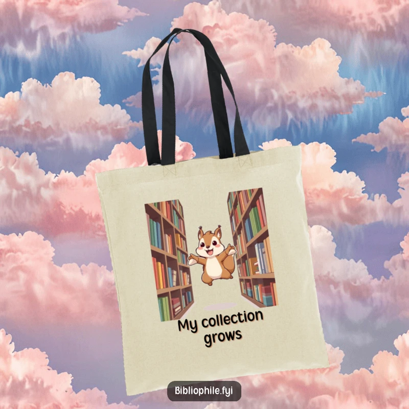 Funny tote bag depicting an energetic squirrel character leaping between bookshelves, symbolizing a love for books and active discovery.