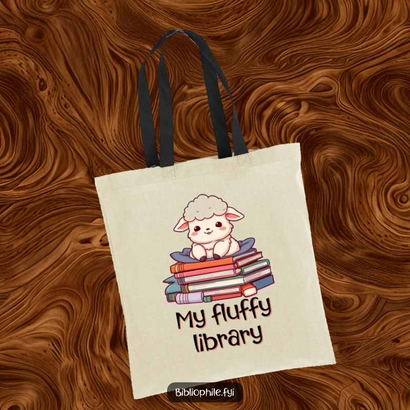 Funny tote bag with a delighted sheep character nestled in a pile of stories, a charming and practical book carrier.
