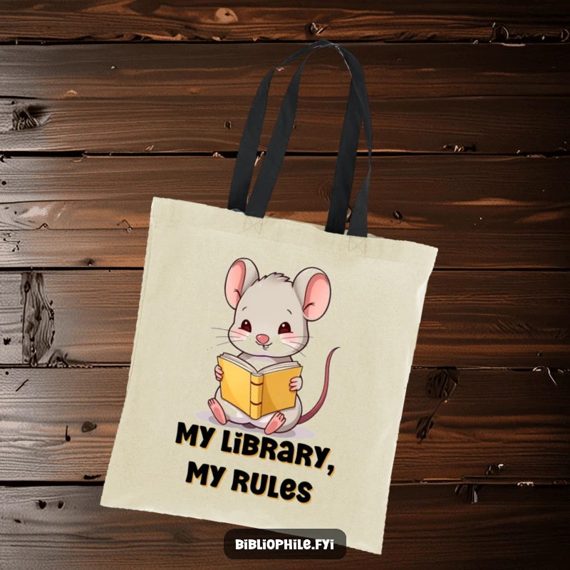 Funny Mouse Tote Bag featuring a cute mouse character amusingly reading a tiny book upside down, perfect for carrying books and essentials.