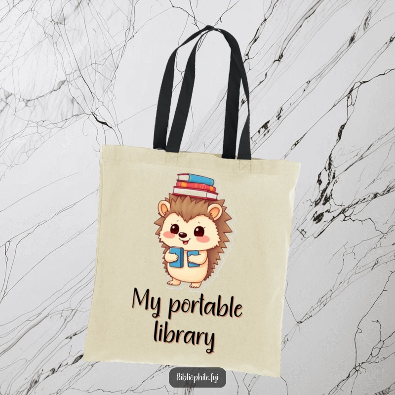 Funny tote bag with a playful hedgehog character balancing books on its head, ideal for carrying books.