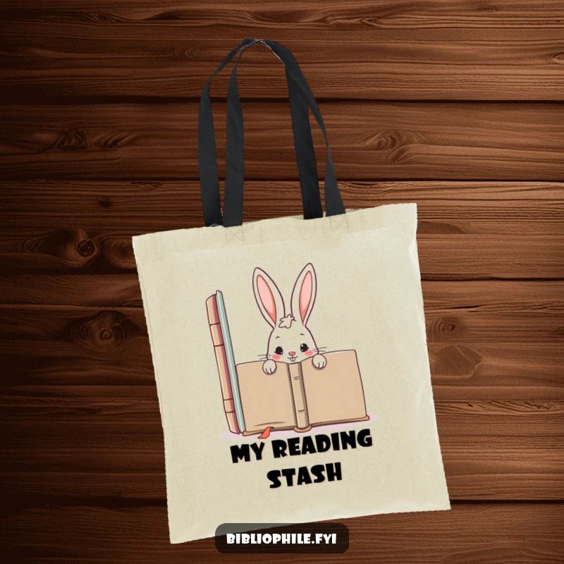 Funny tote bag depicting a mischievous rabbit peeking from behind a giant book, symbolizing playful secrets and a love for hidden stories.