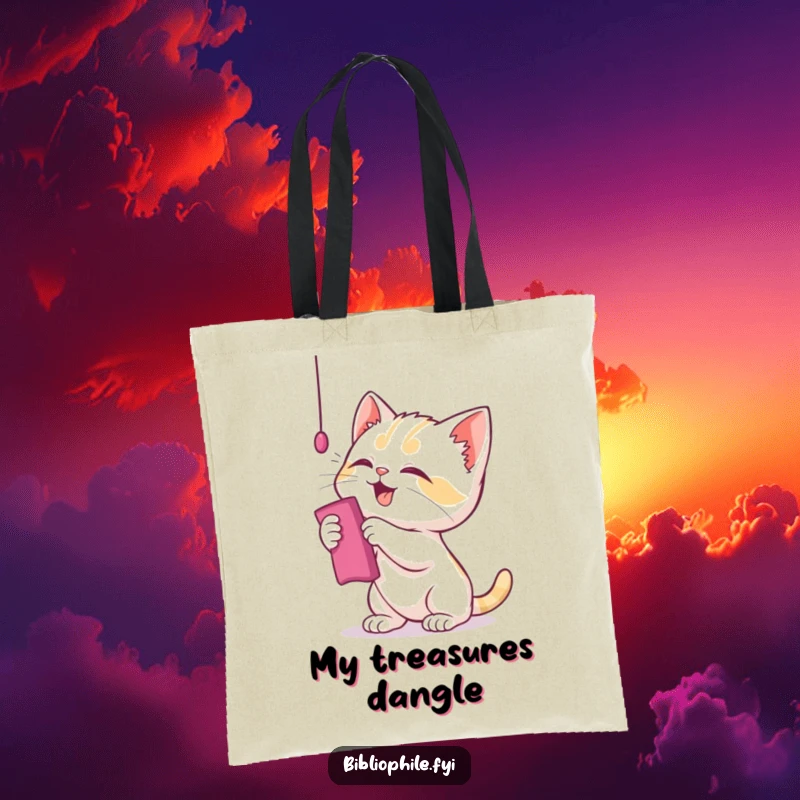 Funny kitten tote bag with a playful character batting at a bookmark, perfect for carrying books and cat toys.