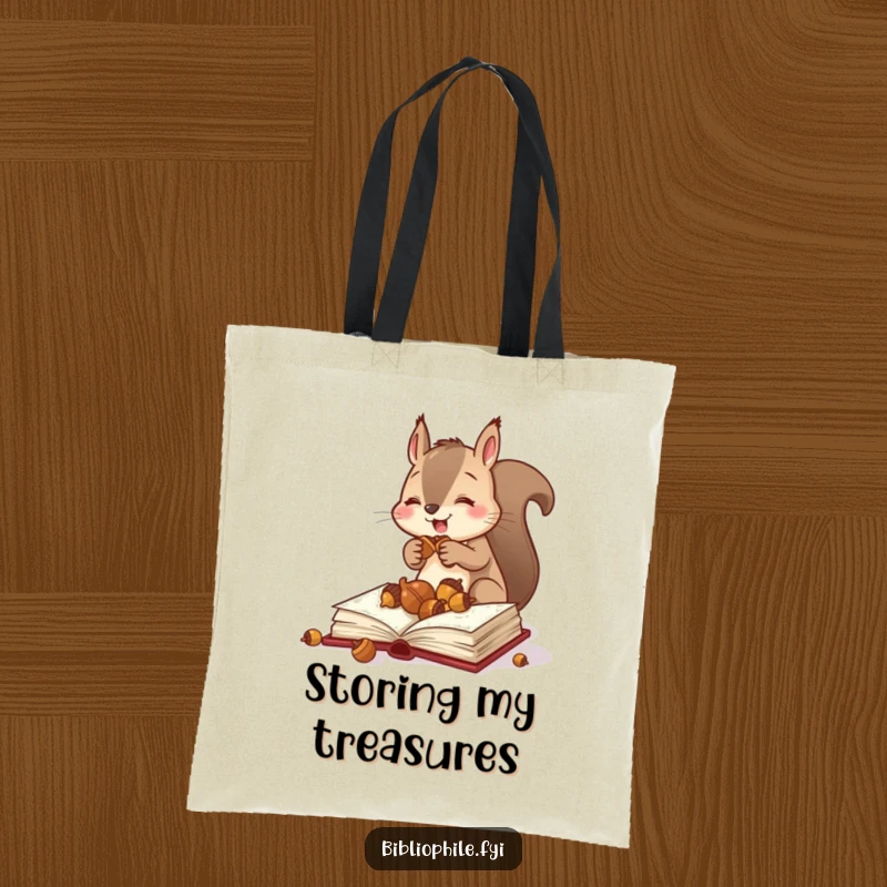 Funny squirrel storing acorns in a hollow book on a tote bag, symbolizing preparedness and humor, a great funny gift.