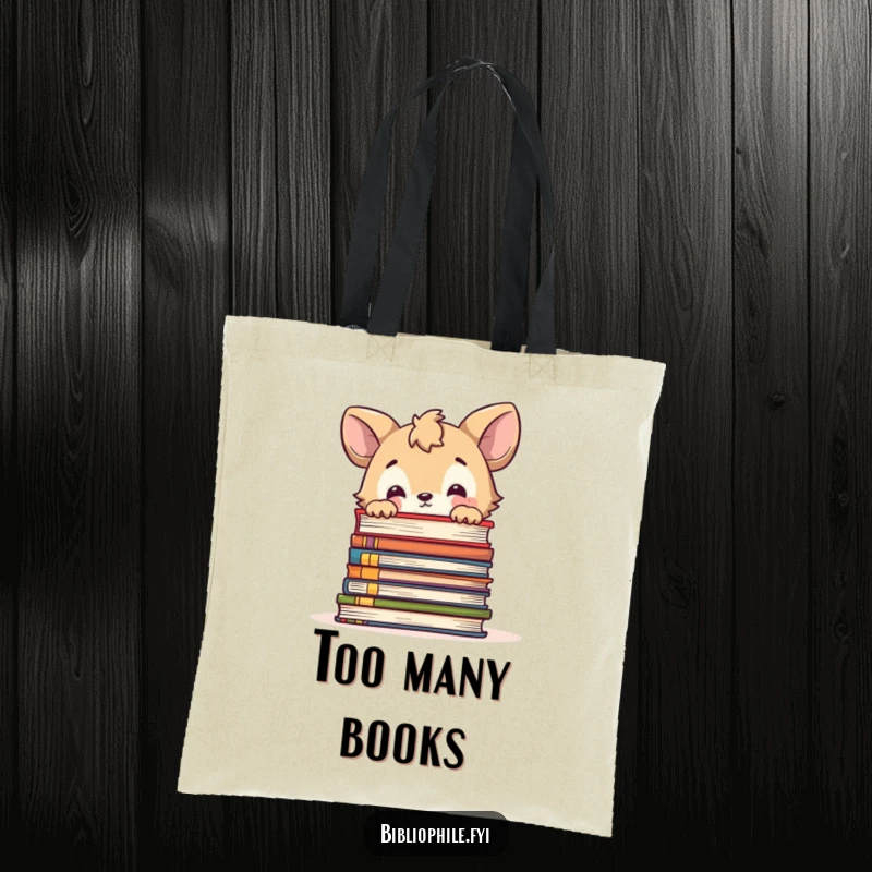 Funny tote bag with a cute animal character curiously peeking over a large stack of books, a whimsical and practical accessory.